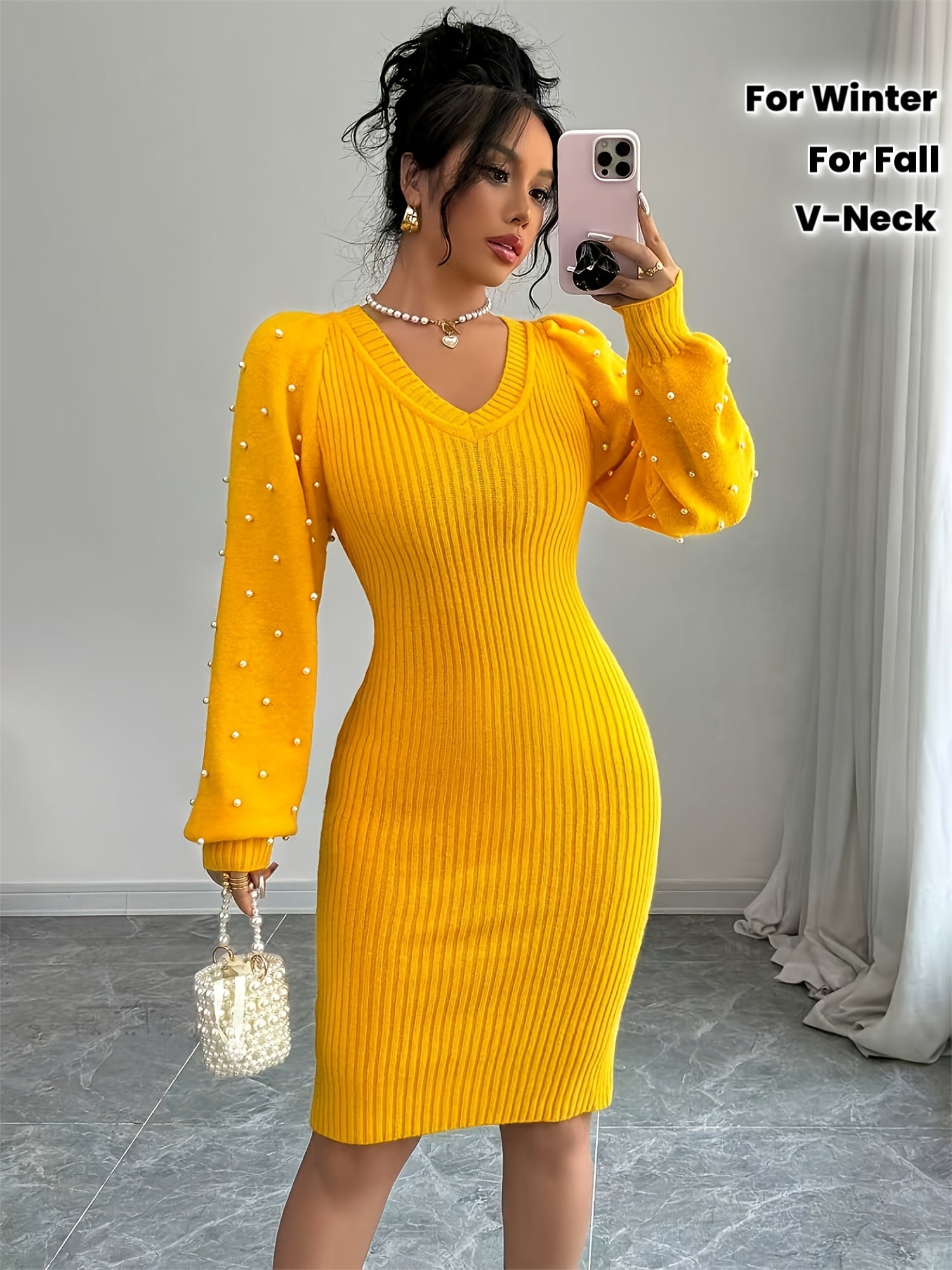 Festive Mustard VNeck Ribbed Knit Midi Dress